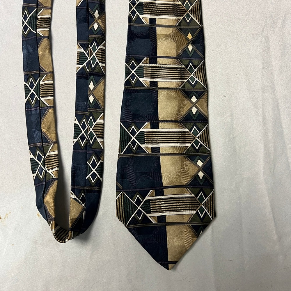 Adolfo Couture Mens Tie‎ Geometric Pattern Artsy Bold Navy Gold Green Silk Blend